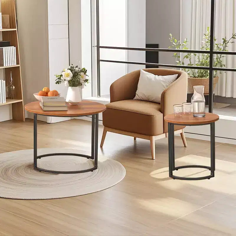 VECELO Tables gigognes basses (lot de 2), tables d'appoint rondes en bois avec pieds antidérapants réglables pour le salon, marron