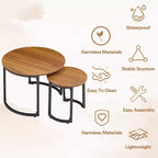 VECELO Tables gigognes basses (lot de 2), tables d'appoint rondes en bois avec pieds antidérapants réglables pour le salon, marron
