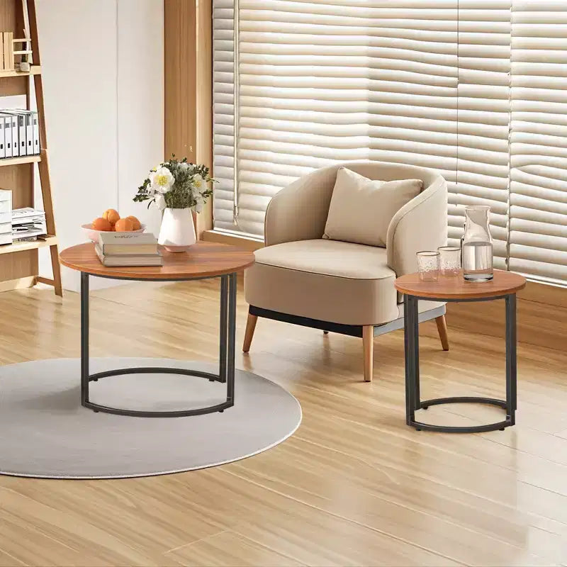 VECELO Tables gigognes basses (lot de 2), tables d'appoint rondes en bois avec pieds antidérapants réglables pour le salon, marron