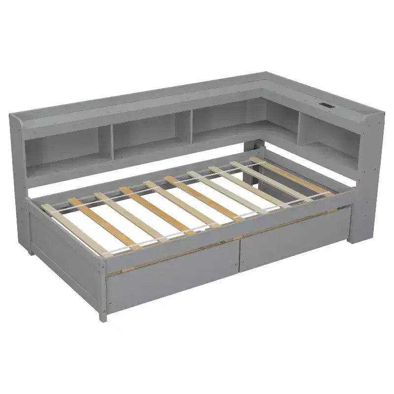 Lit bibliothèque Whisen en L de taille double avec prises électriques intégrées, ports de chargement USB et deux tiroirs de rangement