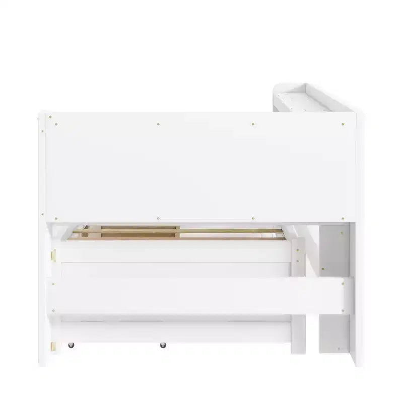 Lit bibliothèque Whisen en L de taille double avec prises électriques intégrées, ports de chargement USB et deux tiroirs de rangement