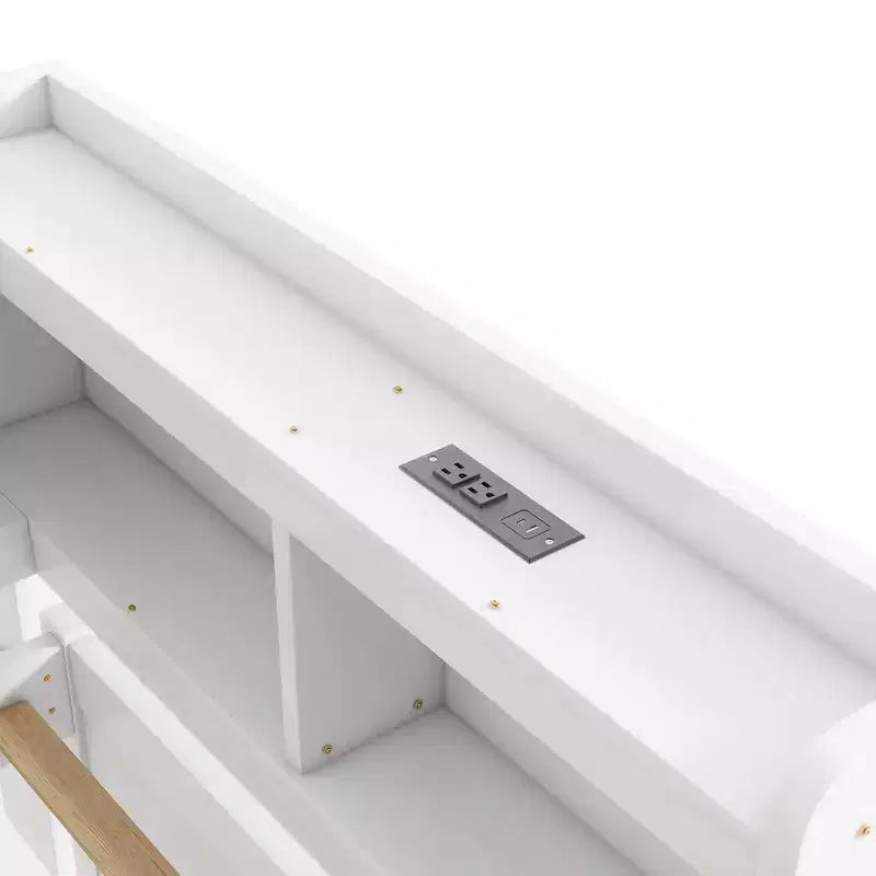 Lit bibliothèque Whisen en L de taille double avec prises électriques intégrées, ports de chargement USB et deux tiroirs de rangement
