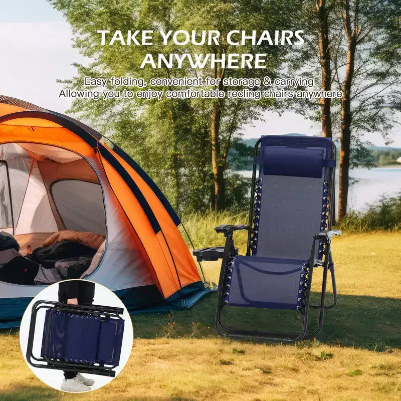 Lot de 2 chaises longues de gravité zéro EROMMY, chaises de patio inclinables pliantes avec porte-gobelet et appuie-tête
