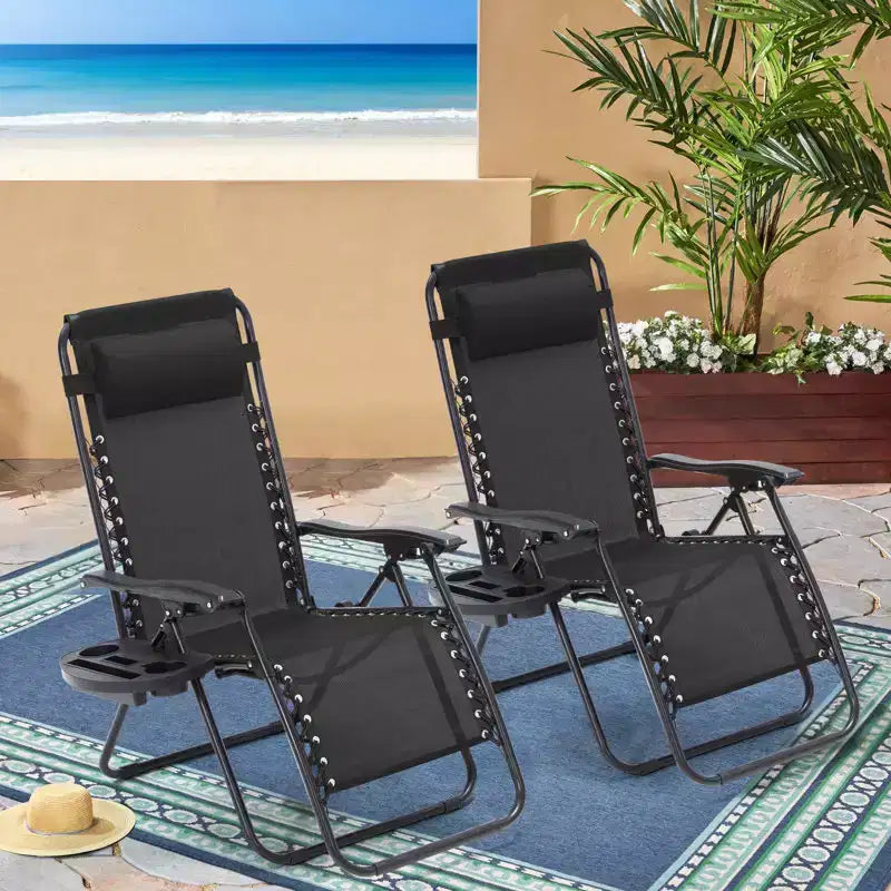 Lot de 2 chaises longues de gravité zéro EROMMY, chaises de patio inclinables pliantes avec porte-gobelet et appuie-tête