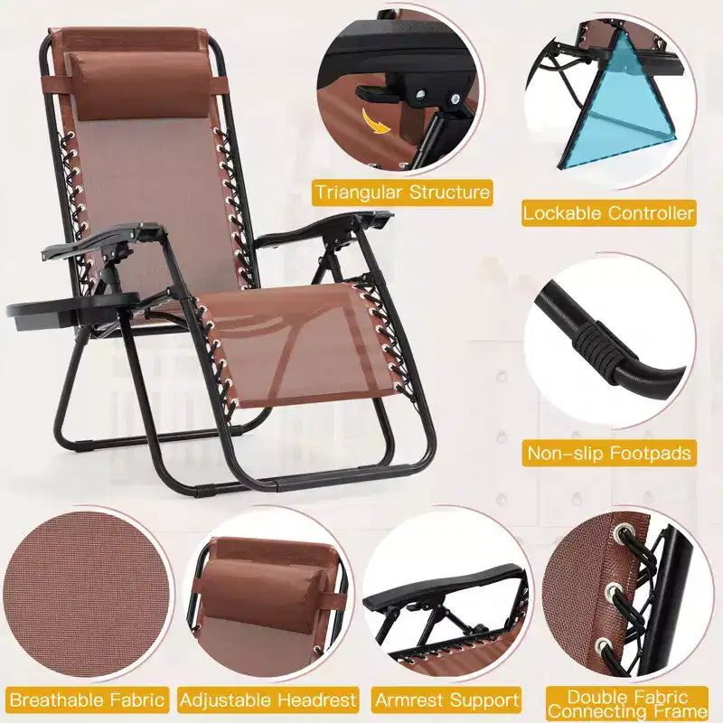 Lot de 2 chaises longues de gravité zéro EROMMY, chaises de patio inclinables pliantes avec porte-gobelet et appuie-tête