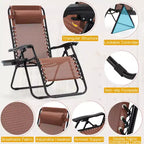 Lot de 2 chaises longues de gravité zéro EROMMY, chaises de patio inclinables pliantes avec porte-gobelet et appuie-tête