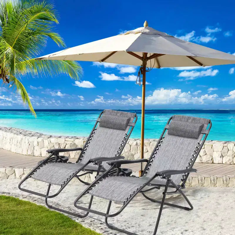 Lot de 2 chaises longues de gravité zéro EROMMY, chaises de patio inclinables pliantes avec porte-gobelet et appuie-tête