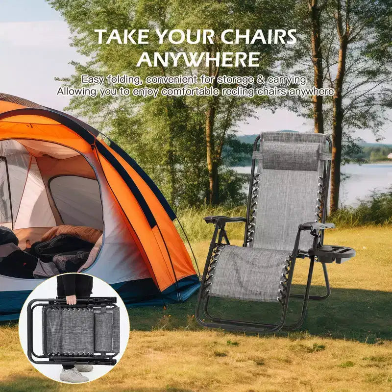 Lot de 2 chaises longues de gravité zéro EROMMY, chaises de patio inclinables pliantes avec porte-gobelet et appuie-tête