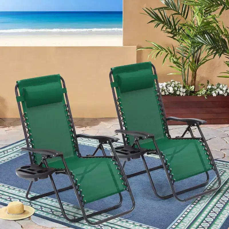 Lot de 2 chaises longues de gravité zéro EROMMY, chaises de patio inclinables pliantes avec porte-gobelet et appuie-tête
