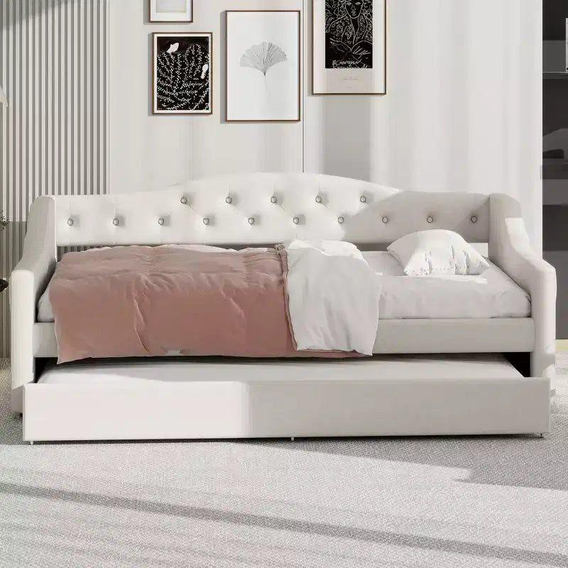 Lit de jour double XL rembourré Whisen avec lit gigogne et éclairage LED