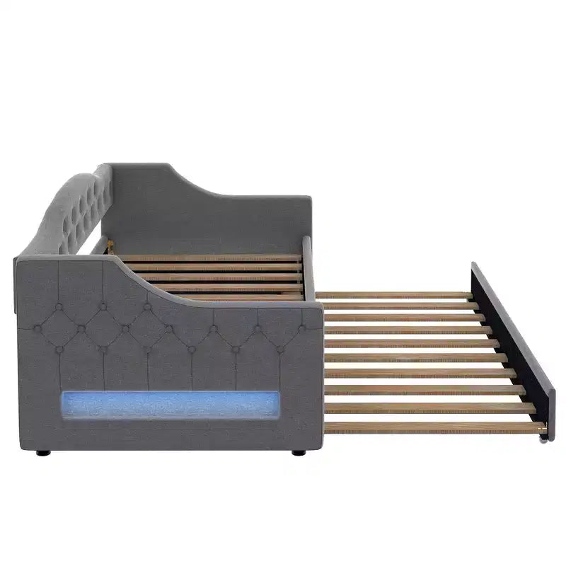 Lit de jour double XL rembourré Whisen avec lit gigogne et éclairage LED