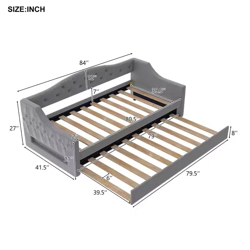 Lit de jour double XL rembourré Whisen avec lit gigogne et éclairage LED