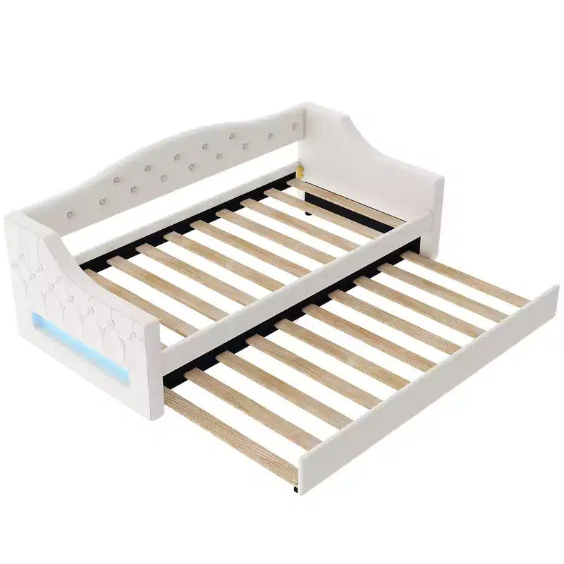 Lit de jour double XL rembourré Whisen avec lit gigogne et éclairage LED