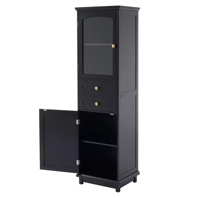 Meuble de rangement de salle de bain Whisen de 160 cm de hauteur avec portes en verre, deux tiroirs et étagères réglables