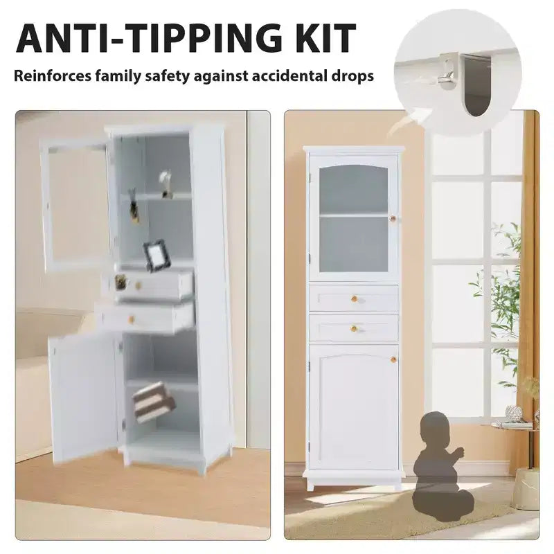 Meuble de rangement de salle de bain Whisen de 160 cm de hauteur avec portes en verre, deux tiroirs et étagères réglables