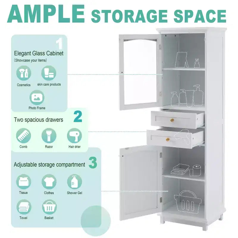 Meuble de rangement de salle de bain Whisen de 160 cm de hauteur avec portes en verre, deux tiroirs et étagères réglables