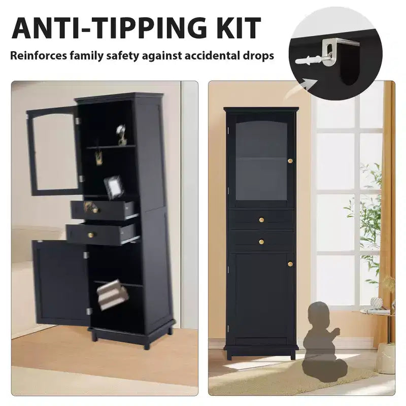 Meuble de rangement de salle de bain Whisen de 160 cm de hauteur avec portes en verre, deux tiroirs et étagères réglables