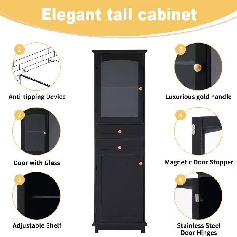 Meuble de rangement de salle de bain Whisen de 160 cm de hauteur avec portes en verre, deux tiroirs et étagères réglables