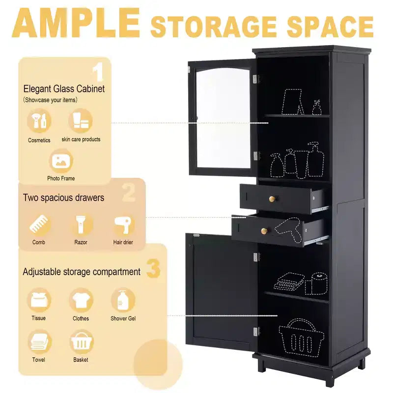 Meuble de rangement de salle de bain Whisen de 160 cm de hauteur avec portes en verre, deux tiroirs et étagères réglables