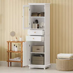 Meuble de rangement de salle de bain Whisen de 160 cm de hauteur avec portes en verre, deux tiroirs et étagères réglables