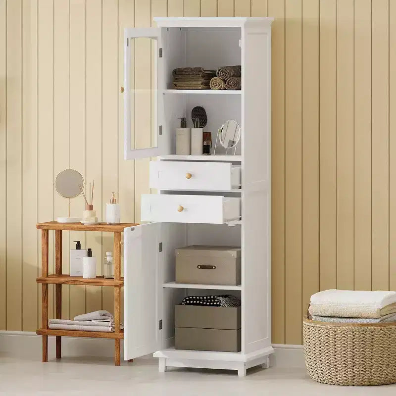 Meuble de rangement de salle de bain Whisen de 160 cm de hauteur avec portes en verre, deux tiroirs et étagères réglables