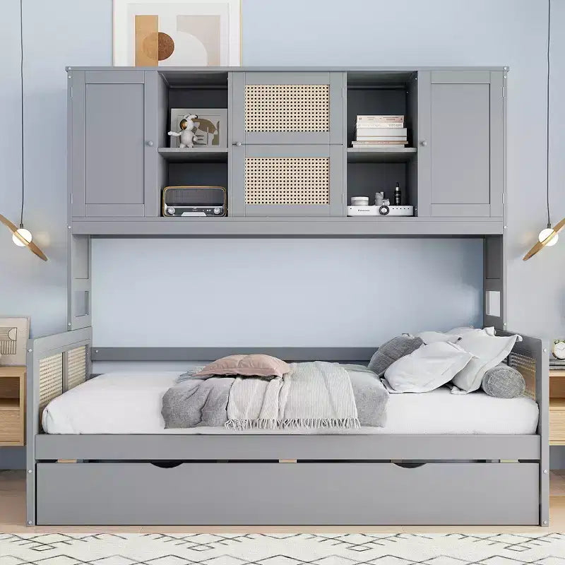 Twin/Full Size Wooden Daybed with Trundle, Built-in Storage Cabinet & Shelves, Multifunctional Bed Frame for Kids & Guests, White/Gray - ModernLuxe