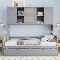 Twin/Full Size Wooden Daybed with Trundle, Built-in Storage Cabinet & Shelves, Multifunctional Bed Frame for Kids & Guests, White/Gray - ModernLuxe