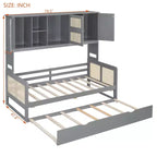 Lit de repos en bois double/grand format avec lit gigogne, armoire de rangement intégrée et étagères, cadre de lit multifonctionnel pour enfants et invités, blanc/gris - ModernLuxe