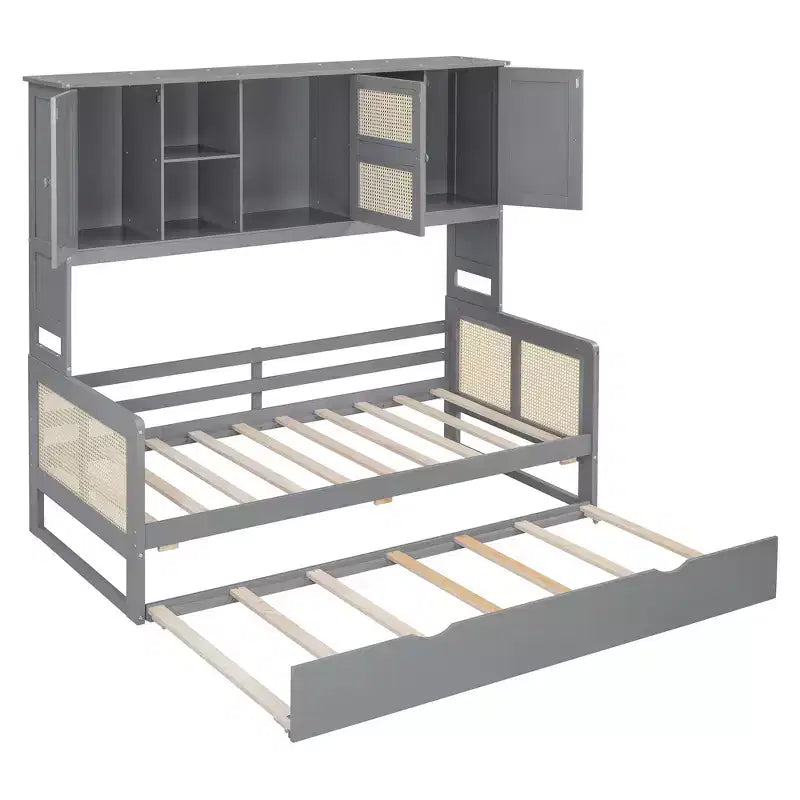 Lit de repos en bois double/grand format avec lit gigogne, armoire de rangement intégrée et étagères, cadre de lit multifonctionnel pour enfants et invités, blanc/gris - ModernLuxe