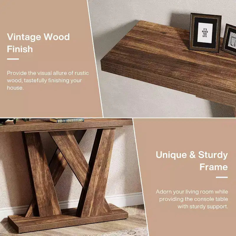 Lantine Table Console de Ferme 139,9 cm, Table Moderne Derrière Le Canapé avec Base Géométrique, Table Basse Étroite en Bois, Longue Table d'Entrée