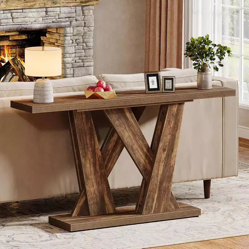 Lantine Table Console de Ferme 139,9 cm, Table Moderne Derrière Le Canapé avec Base Géométrique, Table Basse Étroite en Bois, Longue Table d'Entrée