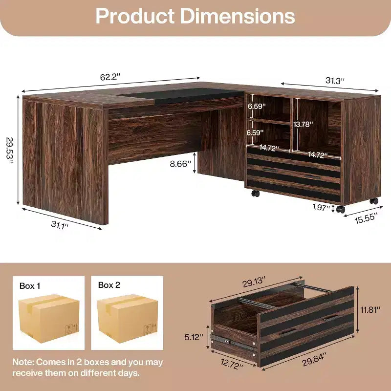 Lantine 62.2 Grand Bureau de Direction avec Classeur Mobile, Bureau d'Angle avec Étagères de Rangement