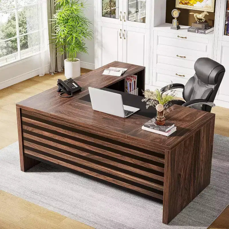 Lantine 62.2 Grand Bureau de Direction avec Classeur Mobile, Bureau d'Angle avec Étagères de Rangement