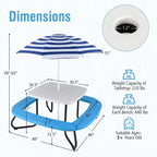 Table de pique-nique pour enfants Costway avec parasol réglable et pliable Bleu/Blanc/Marron