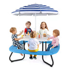 Table de pique-nique pour enfants Costway avec parasol réglable et pliable Bleu/Blanc/Marron