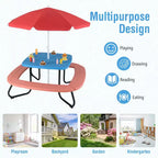 Table de pique-nique pour enfants Costway avec parasol réglable et pliable Bleu/Blanc/Marron