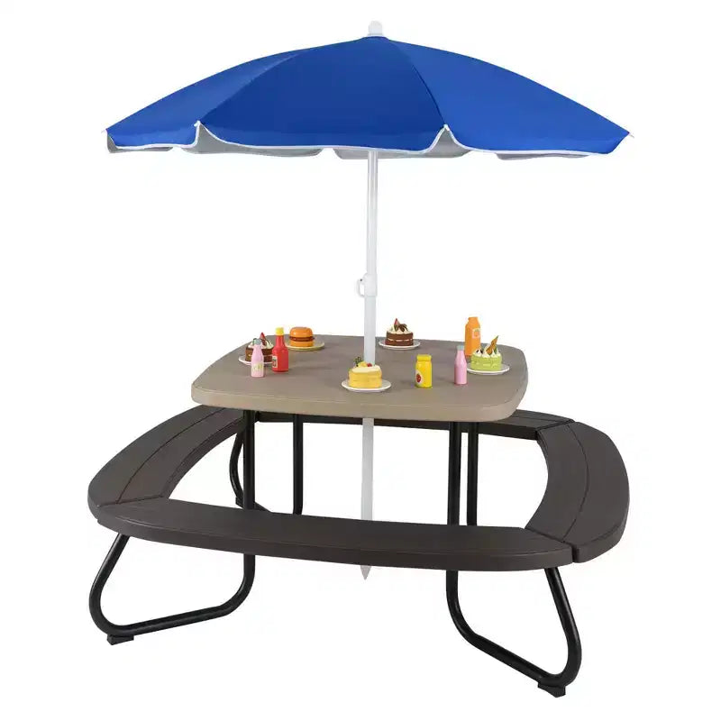 Table de pique-nique pour enfants Costway avec parasol réglable et pliable Bleu/Blanc/Marron