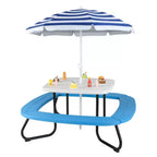 Table de pique-nique pour enfants Costway avec parasol réglable et pliable Bleu/Blanc/Marron