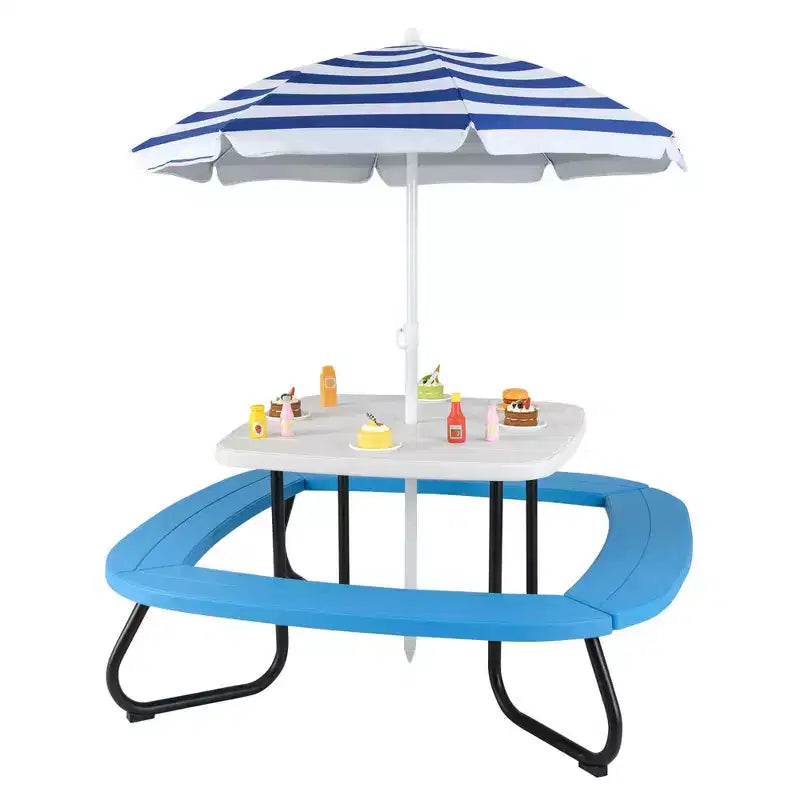 Table de pique-nique pour enfants Costway avec parasol réglable et pliable Bleu/Blanc/Marron