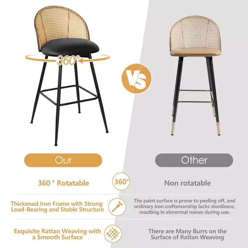 Bekrvio 29 tabourets de bar pivotants de style moderne du milieu du siècle, lot de 2/3/4, chaises de bar rembourrées en similicuir avec dossier en rotin et pieds en métal pour comptoir de cuisine