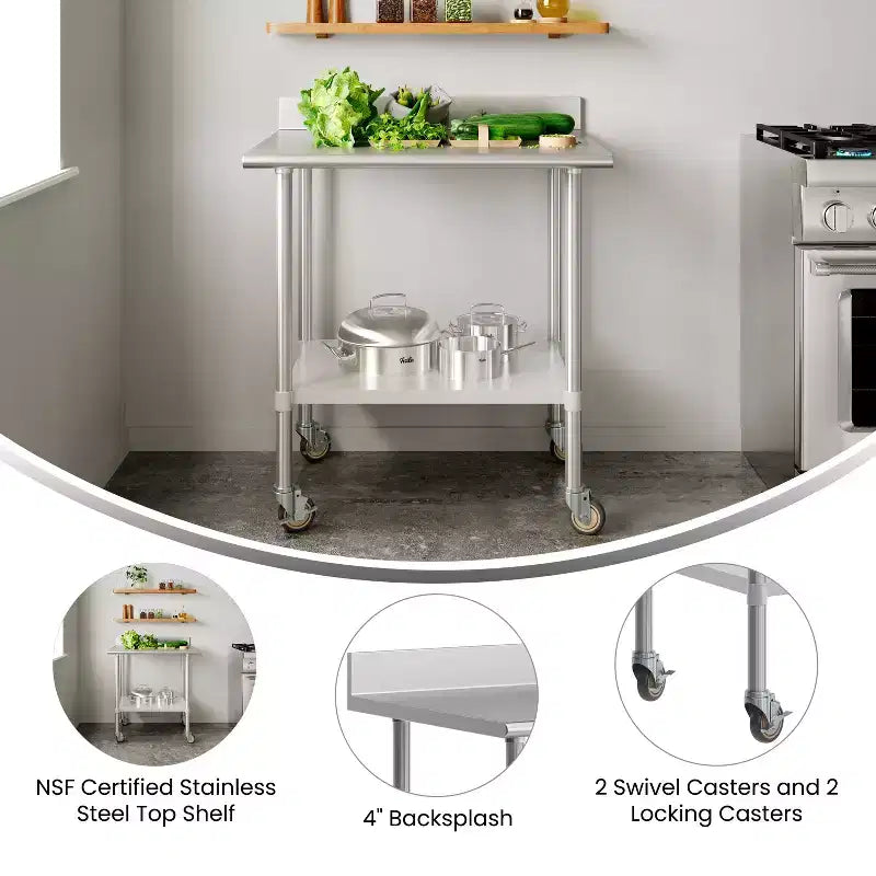 Table de préparation et de travail Flash Furniture Reese 30 x 36 avec étagère supérieure en acier inoxydable, dosseret de 4, étagère inférieure réglable en acier galvanisé, 4 roulettes