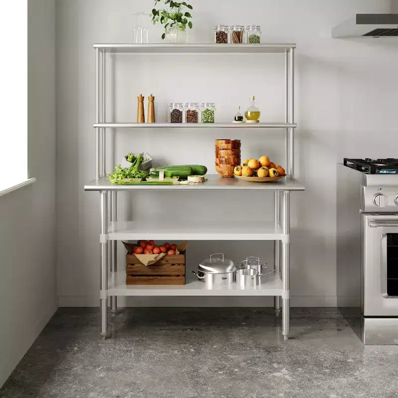 Table de préparation et de travail portable Flash Furniture Rawcliffe avec étagère supérieure en acier inoxydable de calibre 18 et double étagère supérieure, 2 étagères inférieures en acier galvanisé