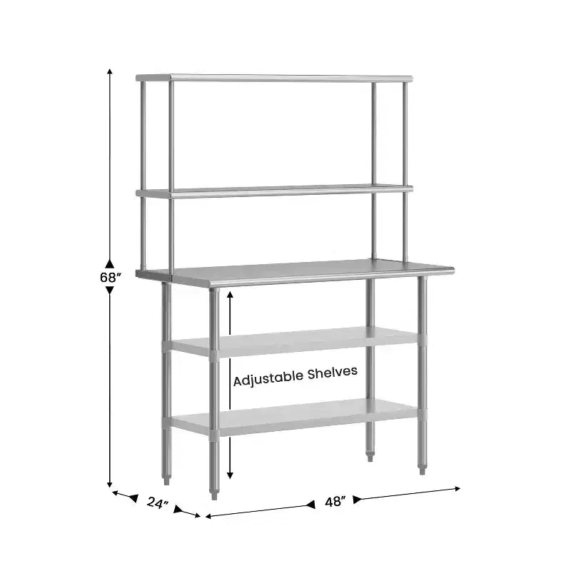 Table de préparation et de travail portable Flash Furniture Rawcliffe avec étagère supérieure en acier inoxydable de calibre 18 et double étagère supérieure, 2 étagères inférieures en acier galvanisé
