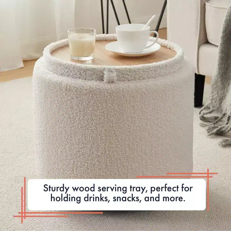Ornavo Home Lawrence Ottoman de rangement rond en boucle blanche avec couvercle de table