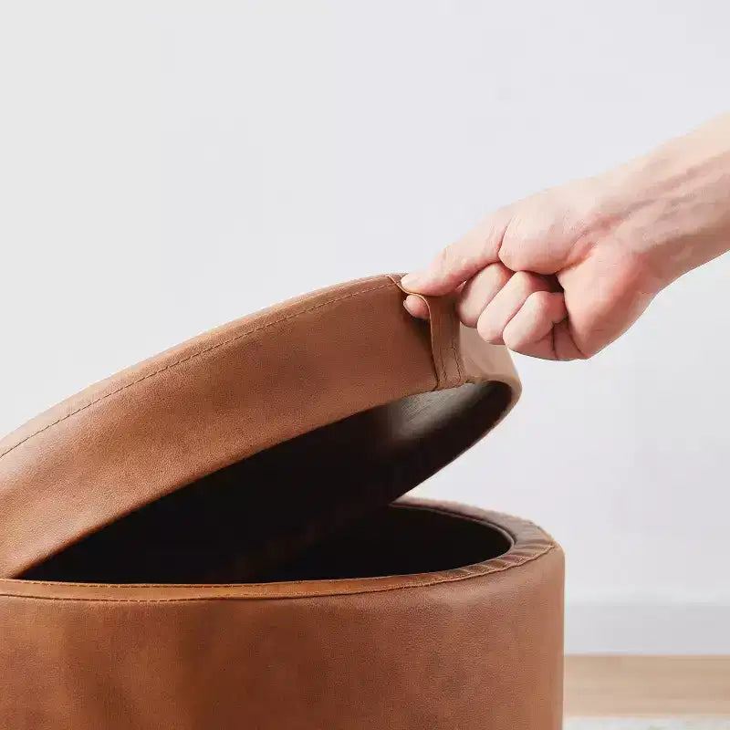 Pouf de rangement rond en similicuir Ornavo Home Lawrence avec couvercle transformable en table