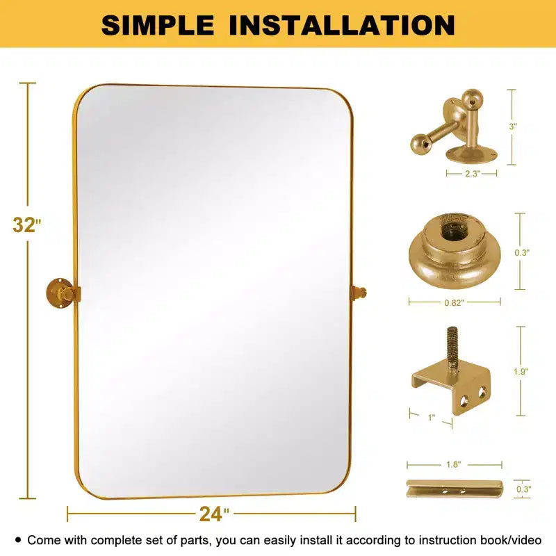 Miroir rectangulaire en fer doré de 80 cm avec coins arrondis et fixations, profondeur de 4 cm (double face)