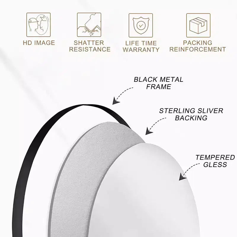 Miroir mural rond noir en aluminium de 23,6 pouces avec cadre fin Miroir de salle de bain mural