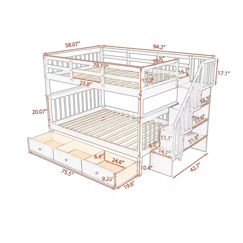 Lit superposé double Whisen avec tiroir, rangement et barrière de sécurité pour chambre à coucher