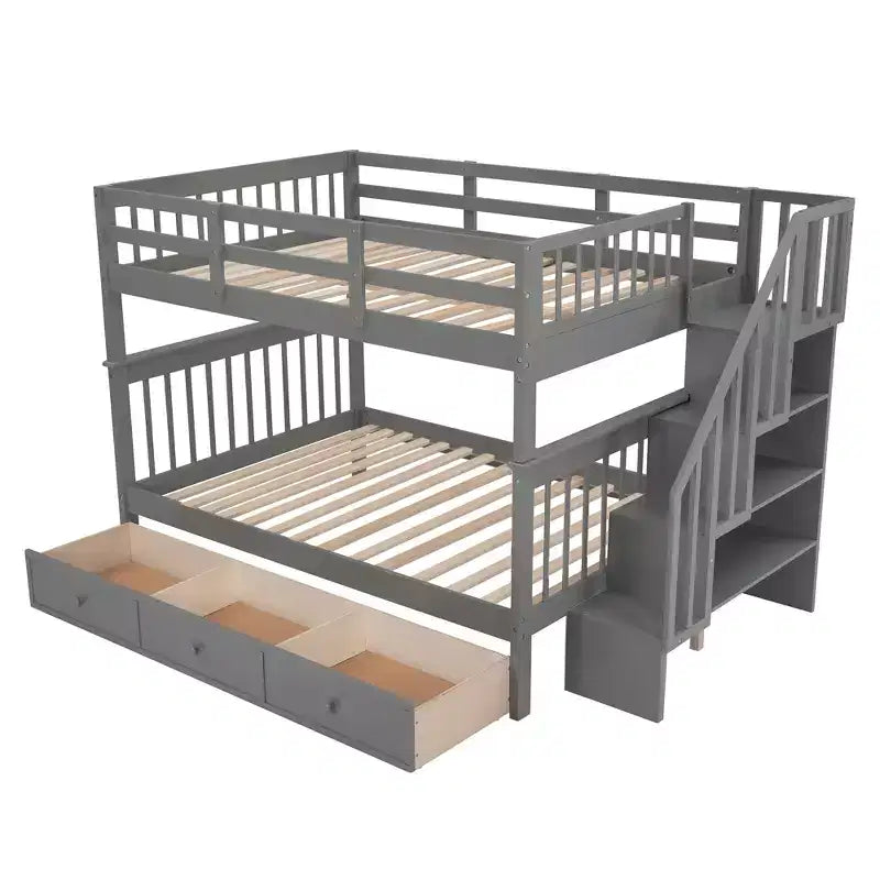 Lit superposé double Whisen avec tiroir, rangement et barrière de sécurité pour chambre à coucher