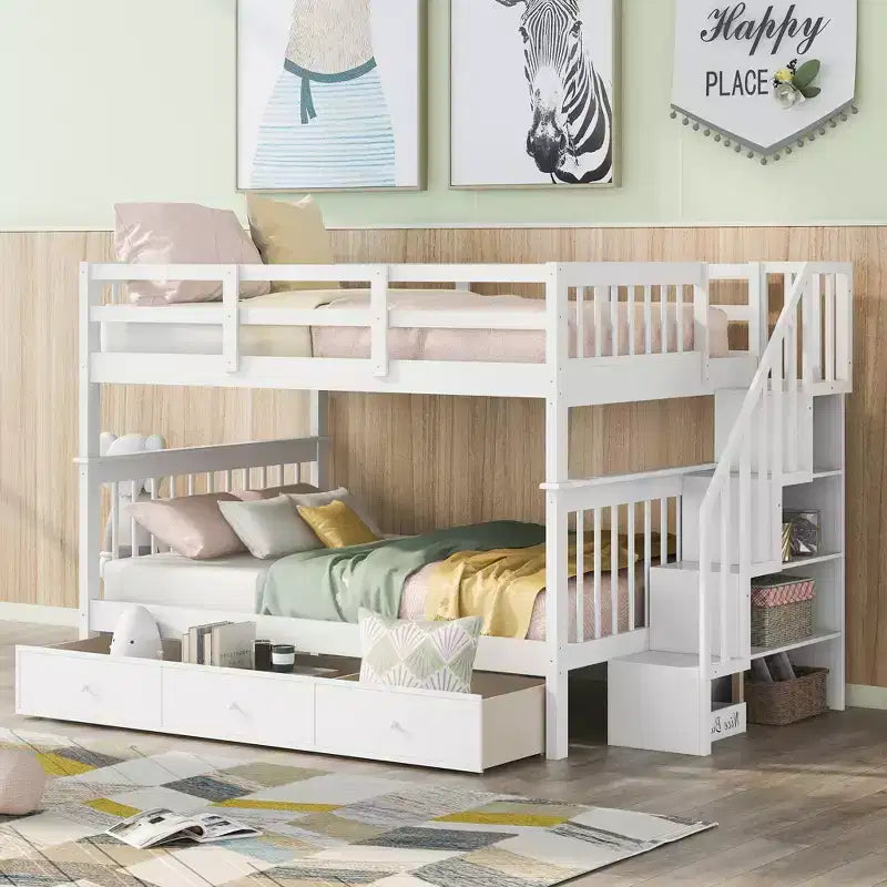 Lit superposé double Whisen avec tiroir, rangement et barrière de sécurité pour chambre à coucher